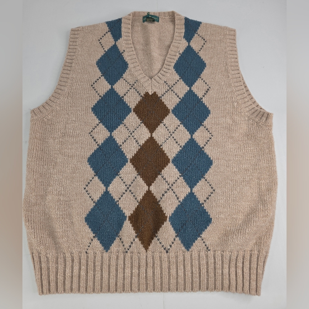 Boundry Waters Argyle Knit V-Neck Sweater Vest Beige Blue Size XL CD-3267